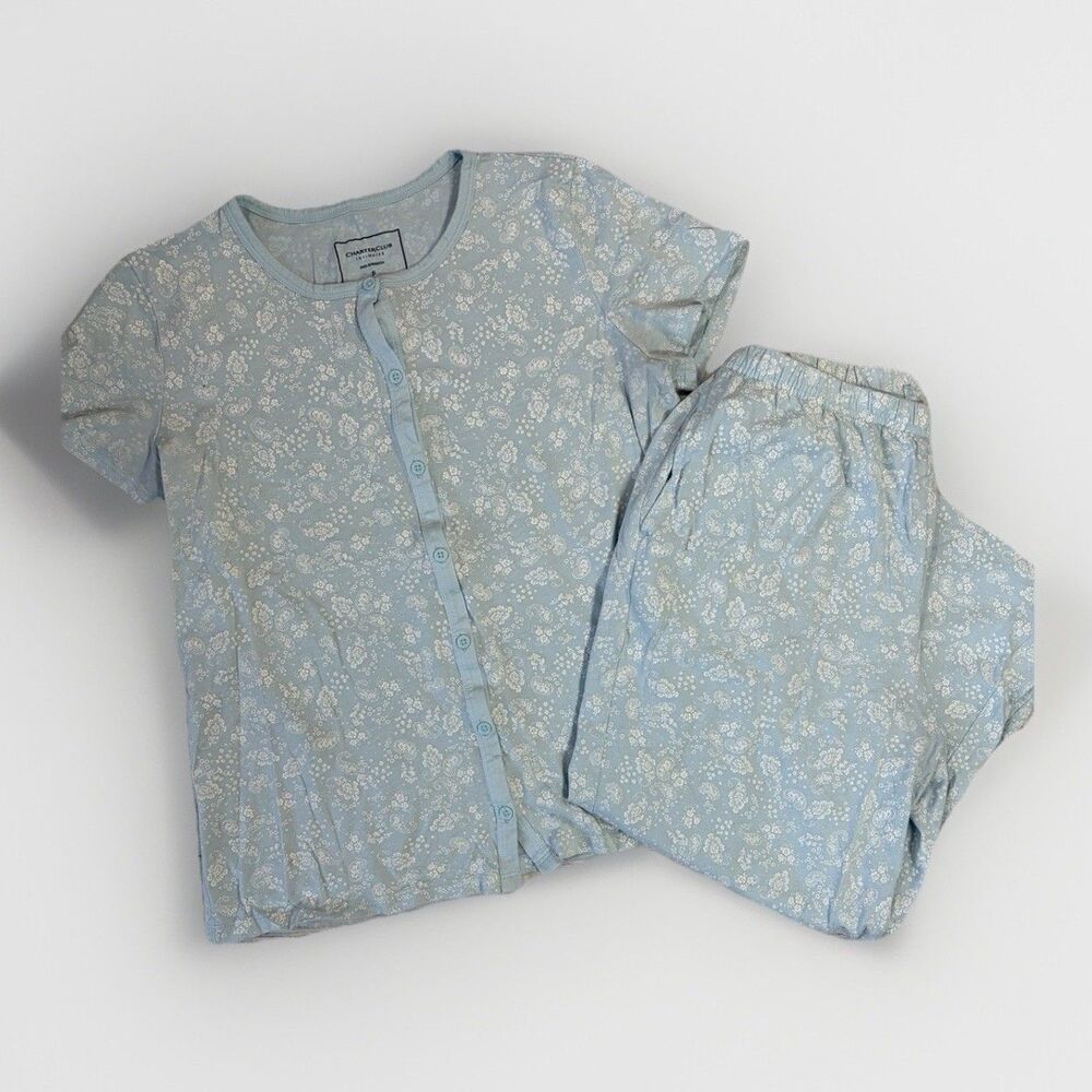 Charter Club Pajama Set 2 Pc Round Neck Blue Floral S